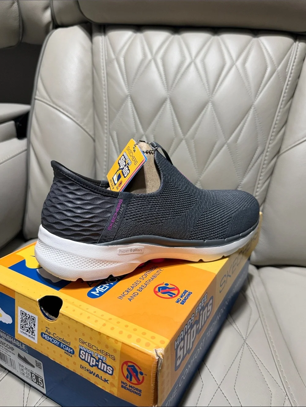 Skechers Womens Slip-On Knit Sneaker in Charcoalwith White Sole and Pink Accents